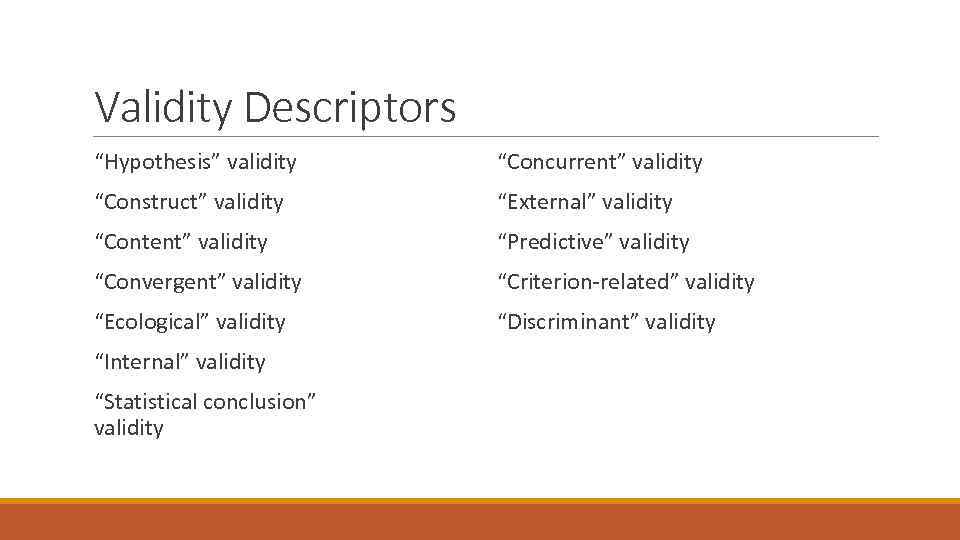 Validity Descriptors “Hypothesis” validity “Concurrent” validity “Construct” validity “External” validity “Content” validity “Predictive” validity