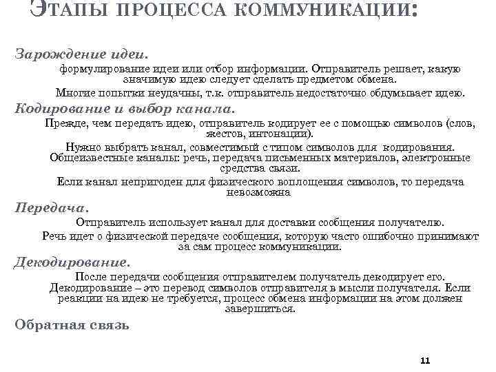 ЭТАПЫ ПРОЦЕССА КОММУНИКАЦИИ: Зарождение идеи. формулирование идеи или отбор информации. Отправитель решает, какую значимую