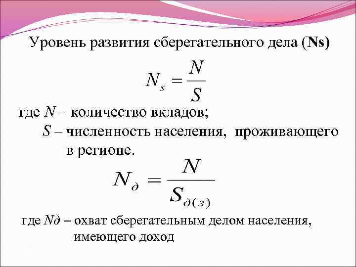 Уровень развития сберегательного дела (Ns) где N – количество вкладов; S – численность населения,