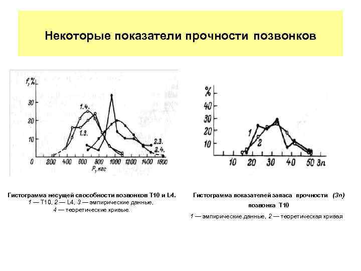 Некоторые показатели прочности позвонков Гистограмма несущей способности позвонков Т 10 и L 4. 1