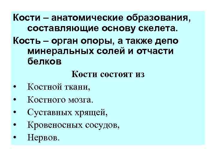 Кости – анатомические образования, составляющие основу скелета. Кость – орган опоры, а также депо