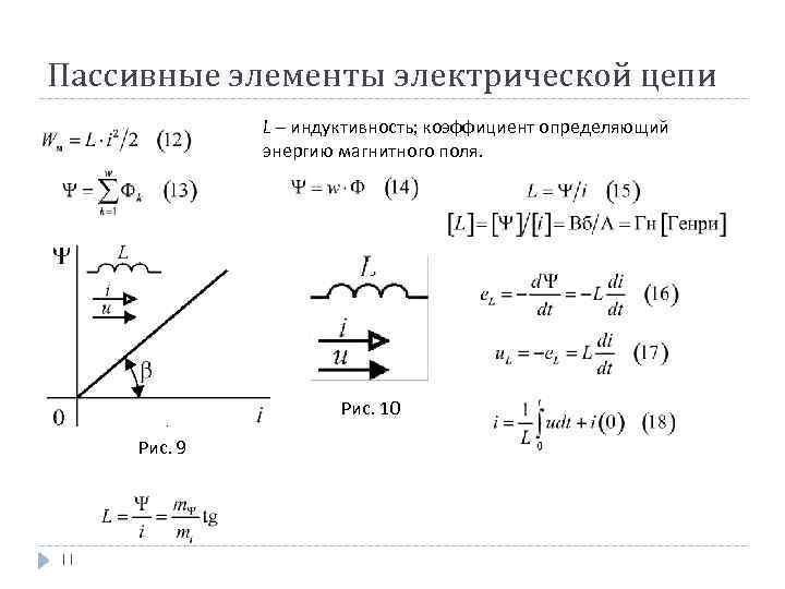 Пассивные элементы электрической цепи L – индуктивность; коэффициент определяющий энергию магнитного поля. Рис. 10