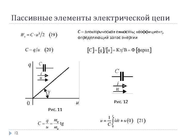 Пассивные элементы электрической цепи C – электрическая емкость; коэффициент, определяющий запас энергии Рис. 12