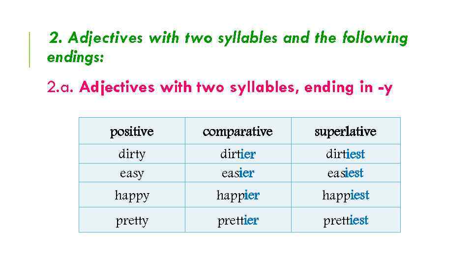 2. Adjectives with two syllables and the following endings: 2. a. Adjectives with two