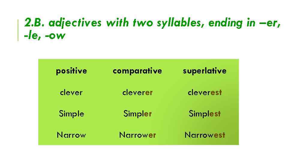 2. B. adjectives with two syllables, ending in –er, -le, -ow positive comparative superlative