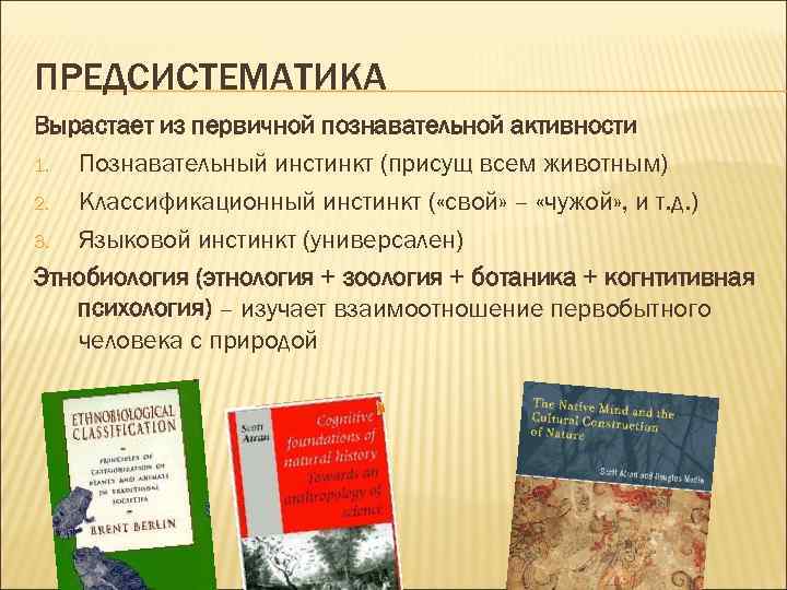 ПРЕДСИСТЕМАТИКА Вырастает из первичной познавательной активности 1. Познавательный инстинкт (присущ всем животным) 2. Классификационный