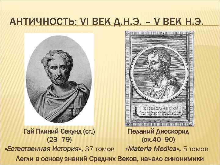 АНТИЧНОСТЬ: VI ВЕК Д. Н. Э. – V ВЕК Н. Э. Гай Плиний Секунд