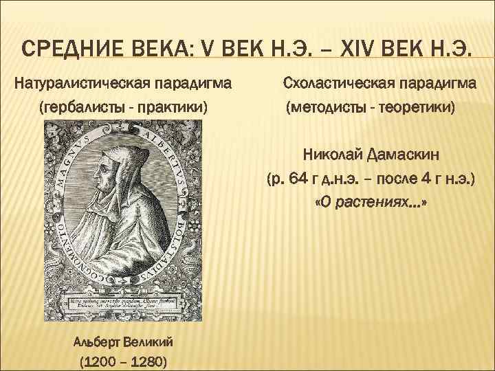 СРЕДНИЕ ВЕКА: V ВЕК Н. Э. – ХIV ВЕК Н. Э. Натуралистическая парадигма (гербалисты