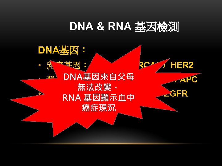 DNA & RNA 基因檢測 DNA基因： • 乳癌基因： BRCA 1 / BRCA 2 / HER