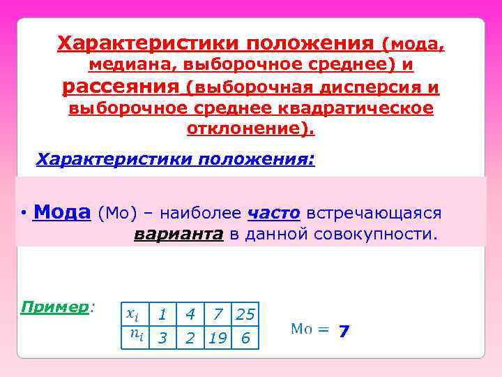 Характеристики положения (мода, медиана, выборочное среднее) и рассеяния (выборочная дисперсия и выборочное среднее квадратическое