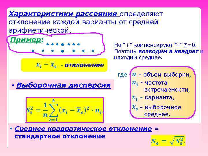 Характеристики рассеяния определяют отклонение каждой варианты от средней арифметической. Пример: Но “+” компенсируют “-”