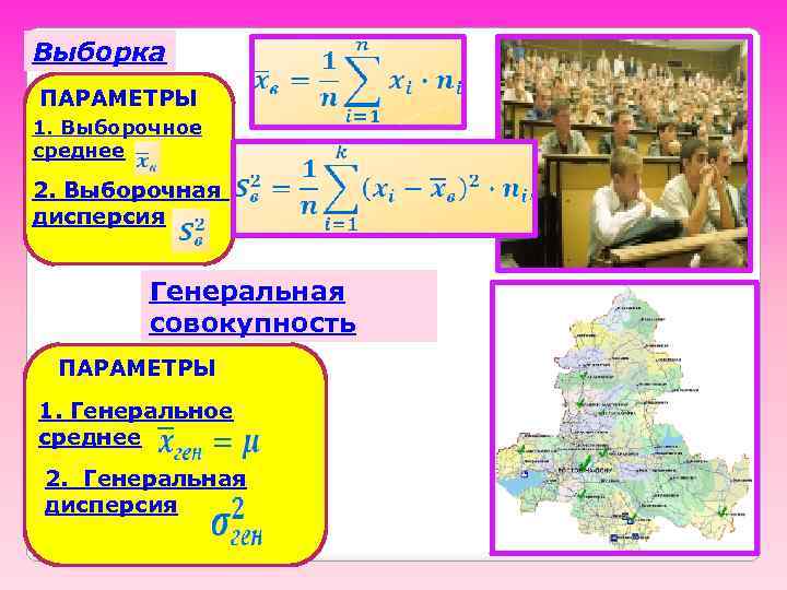 Выборка ПАРАМЕТРЫ 1. Выборочное среднее 2. Выборочная дисперсия Генеральная совокупность ПАРАМЕТРЫ 1. Генеральное среднее