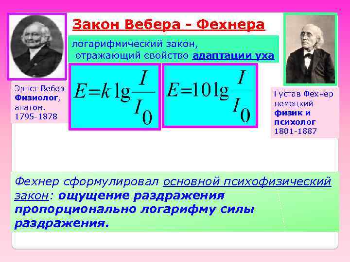 Закон Вебера - Фехнера логарифмический закон, отражающий свойство адаптации уха Эрнст Вебер Физиолог, анатом.