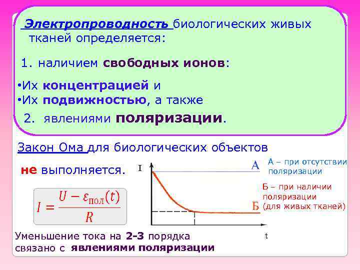 Электропроводность биологических живых тканей определяется: 1. наличием свободных ионов: • Их концентрацией и •