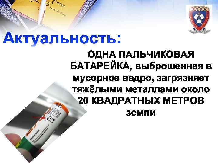 ОДНА ПАЛЬЧИКОВАЯ БАТАРЕЙКА, выброшенная в мусорное ведро, загрязняет тяжёлыми металлами около 20 КВАДРАТНЫХ МЕТРОВ