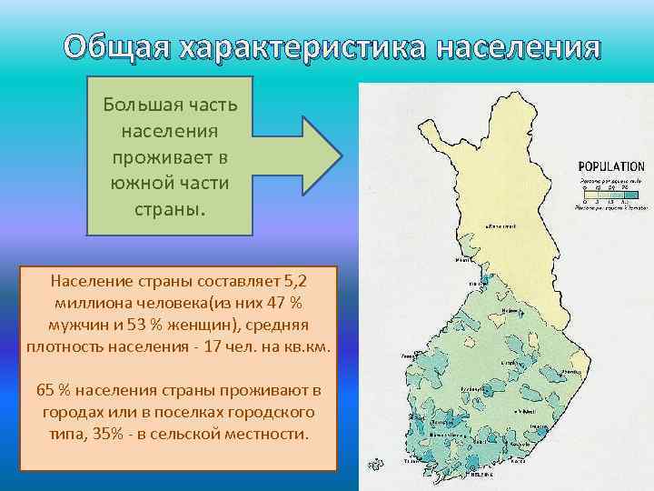 Общая характеристика населения Большая часть населения проживает в южной части страны. Население страны составляет
