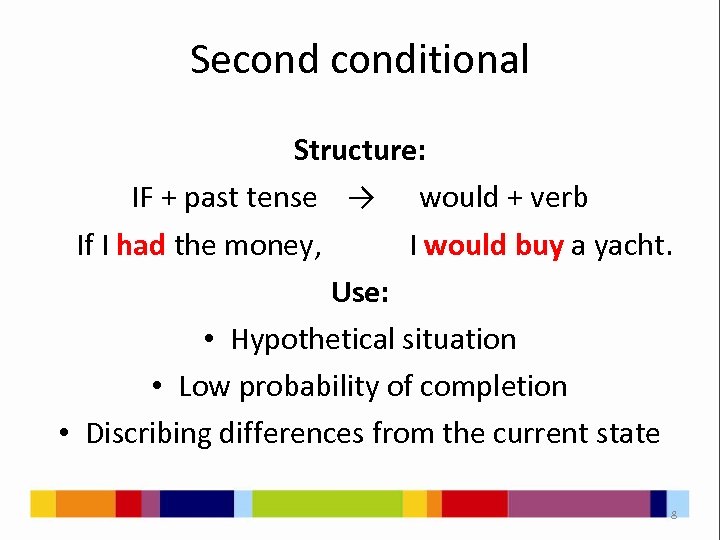 Seconditional Structure: IF + past tense → would + verb If I had the