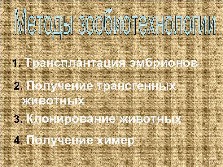 1. Трансплантация эмбрионов 2. Получение трансгенных животных 3. Клонирование животных 4. Получение химер 17