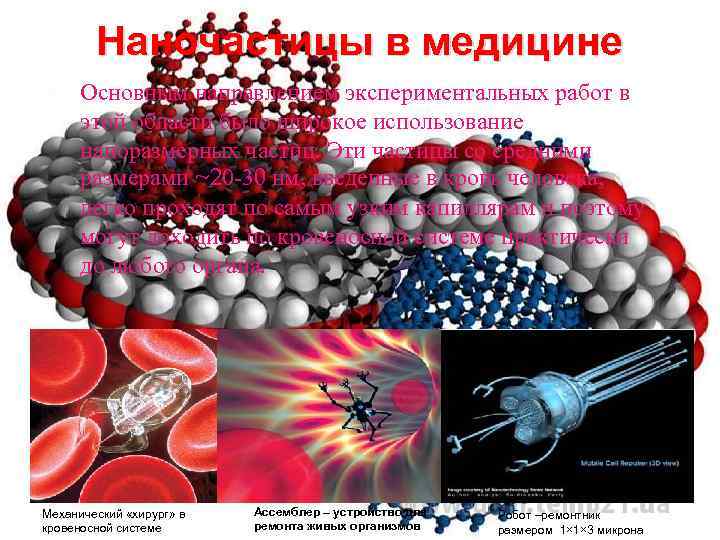 Наночастицы в медицине Основным направлением экспериментальных работ в этой области было широкое использование наноразмерных