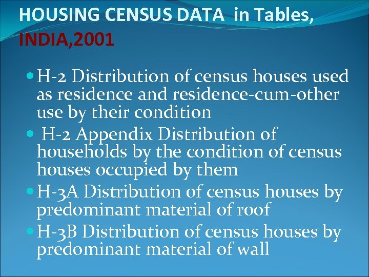 HOUSING CENSUS DATA in Tables, INDIA, 2001 H-2 Distribution of census houses used as