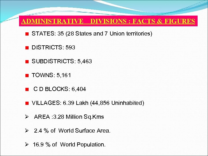 ADMINISTRATIVE DIVISIONS : FACTS & FIGURES STATES: 35 (28 States and 7 Union territories)