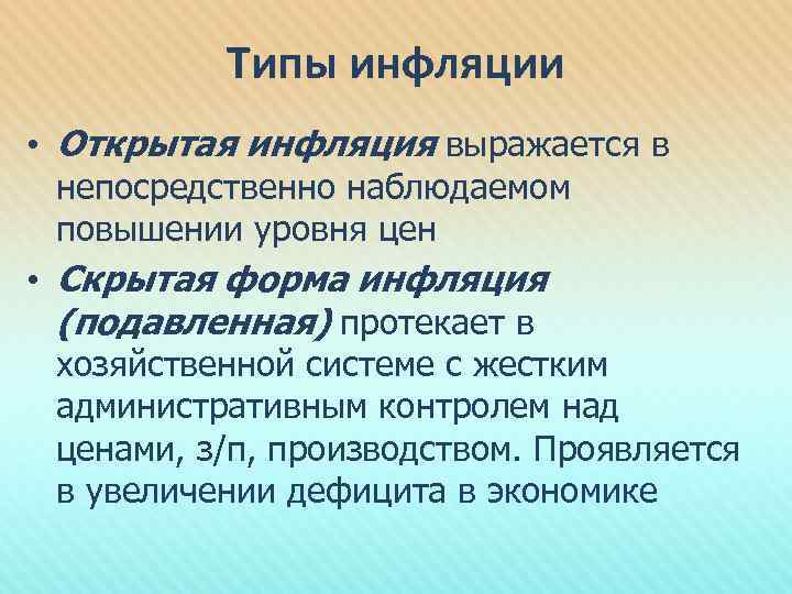 Типы инфляции • Открытая инфляция выражается в непосредственно наблюдаемом повышении уровня цен • Скрытая