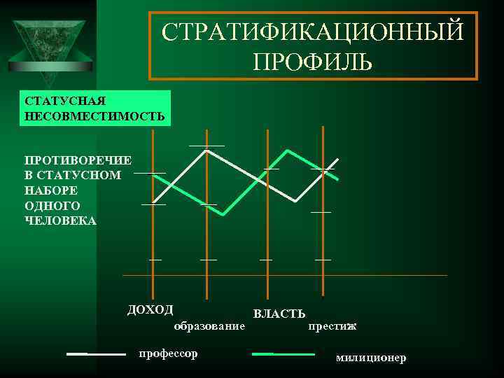 СТРАТИФИКАЦИОННЫЙ ПРОФИЛЬ СТАТУСНАЯ НЕСОВМЕСТИМОСТЬ ПРОТИВОРЕЧИЕ В СТАТУСНОМ НАБОРЕ ОДНОГО ЧЕЛОВЕКА ДОХОД образование профессор ВЛАСТЬ