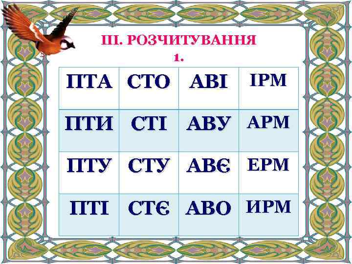 ІІІ. РОЗЧИТУВАННЯ 1. ПТА СТО АВІ ІРМ ПТИ СТІ АВУ АРМ ПТУ СТУ АВЄ