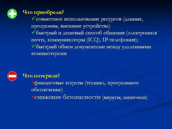 Что приобрели? üсовместное использование ресурсов (данные, программы, внешние устройства) üбыстрый и дешевый способ общения