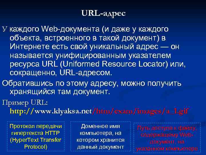 URL-адрес У каждого Web-документа (и даже у каждого объекта, встроенного в такой документ) в