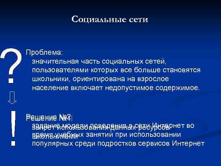 Социальные сети Проблема: значительная часть социальных сетей, пользователями которых все больше становятся школьники, ориентирована