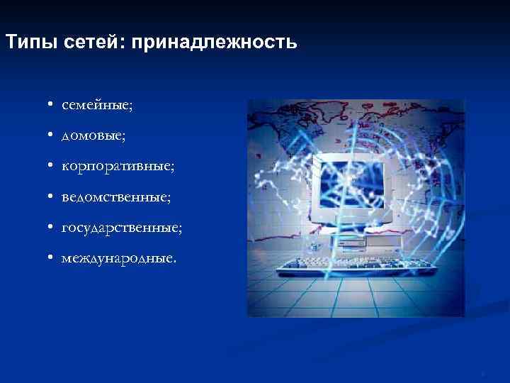 Типы сетей: принадлежность • семейные; • домовые; • корпоративные; • ведомственные; • государственные; •