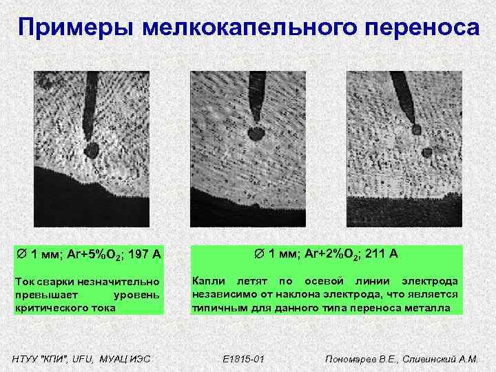 Примеры мелкокапельного переноса 1 мм; Ar+5%O 2; 197 А 1 мм; Ar+2%O 2; 211