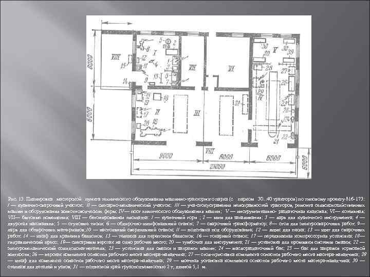 Рис. 13. Планировка мастерской пункта технического обслуживания машинно тракторного парка (с парком 30. .