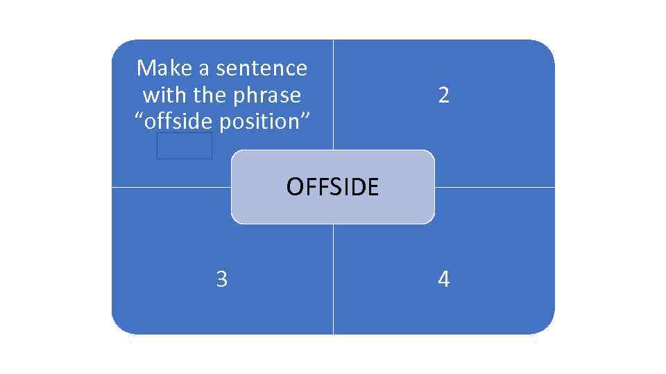 Make a sentence with the phrase 1 “offside position” 2 ARENA OFFSIDE 3 4