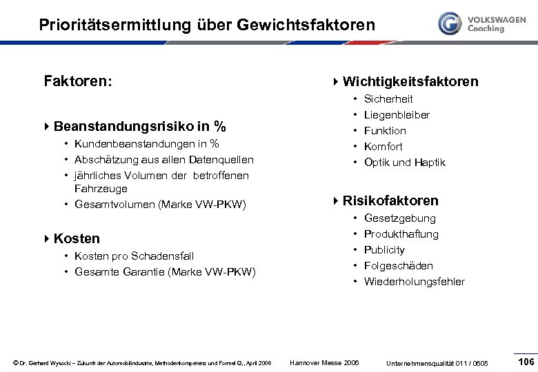 Prioritätsermittlung über Gewichtsfaktoren Faktoren: 4 Beanstandungsrisiko in % • Kundenbeanstandungen in % • Abschätzung