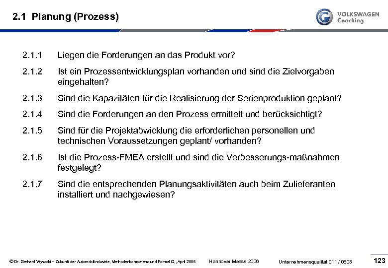 2. 1 Planung (Prozess) 2. 1. 1 Liegen die Forderungen an das Produkt vor?