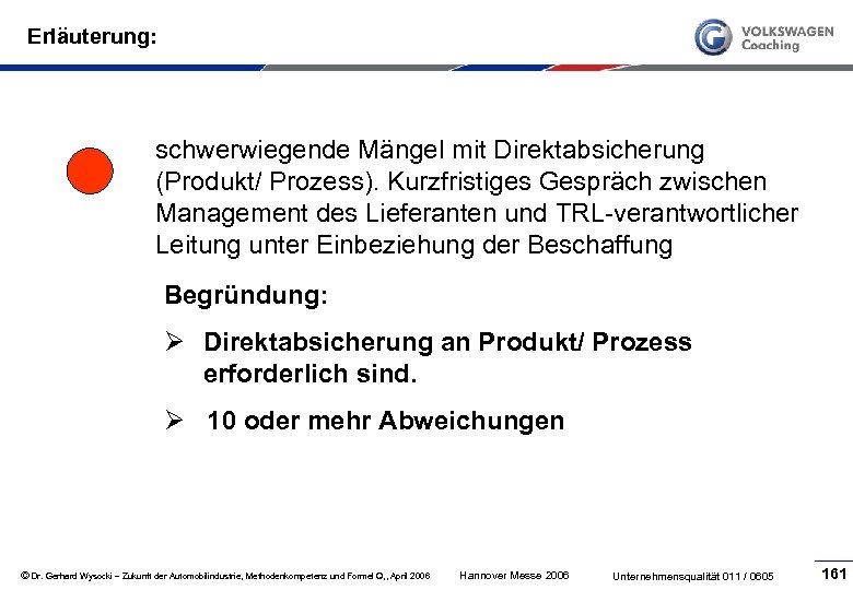 Erläuterung: schwerwiegende Mängel mit Direktabsicherung (Produkt/ Prozess). Kurzfristiges Gespräch zwischen Management des Lieferanten und