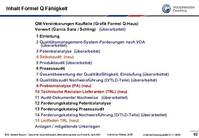 Inhalt Formel Q Fähigkeit QM-Vereinbarungen Kaufteile (Grafik Formel Q-Haus) Vorwort (Garcia Sanz / Schling)