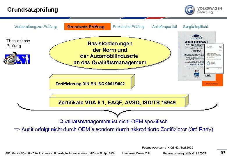 Grundsatzprüfung Vorbereitung zur Prüfung Theoretische Prüfung Grundsatz-Prüfung Praktische Prüfung Anlieferqualität Sorgfaltspflicht Basisforderungen der Norm