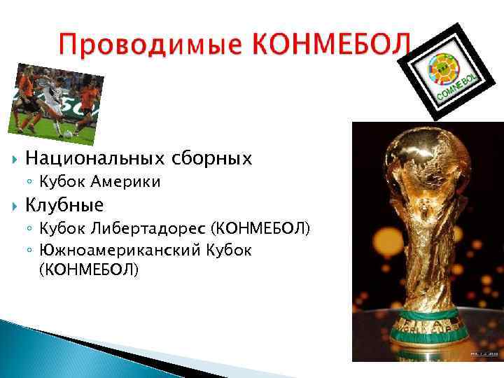  Национальных сборных ◦ Кубок Америки Клубные ◦ Кубок Либертадорес (КОНМЕБОЛ) ◦ Южноамериканский Кубок