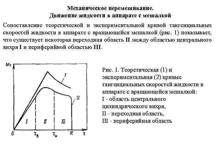 Механическое перемешивание. Движение жидкости в аппарате с мешалкой Сопоставление теоретической и экспериментальной кривой тангенциальных