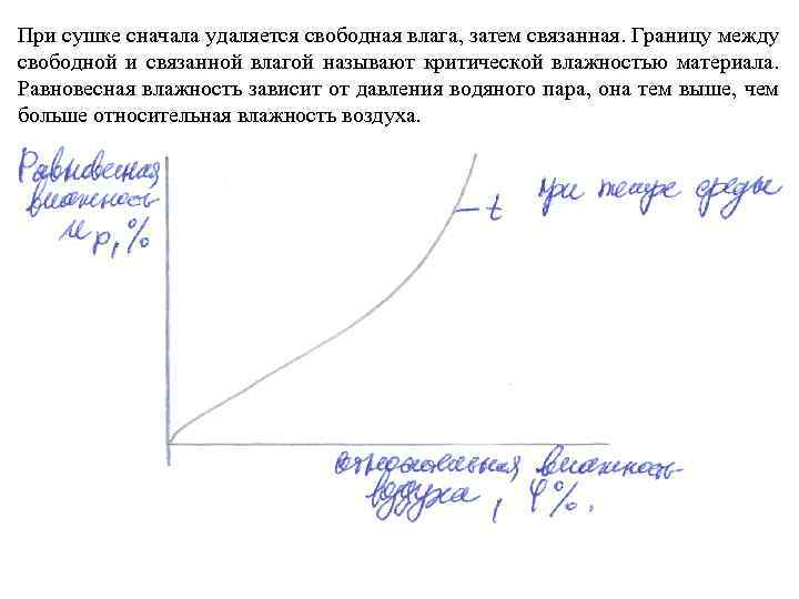 При сушке сначала удаляется свободная влага, затем связанная. Границу между свободной и связанной влагой