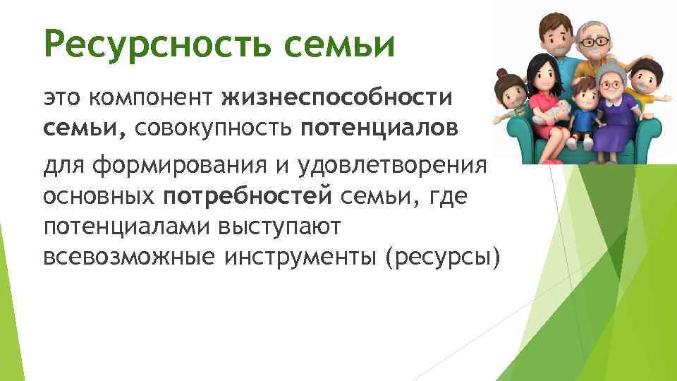 Ресурсность семьи это компонент жизнеспособности семьи, совокупность потенциалов для формирования и удовлетворения основных потребностей