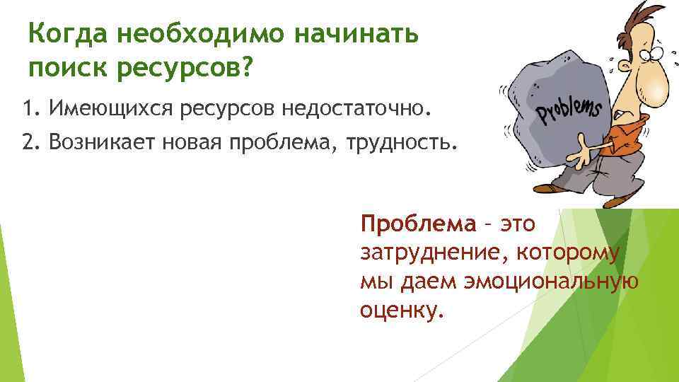 Когда необходимо начинать поиск ресурсов? 1. Имеющихся ресурсов недостаточно. 2. Возникает новая проблема, трудность.