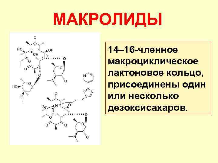 МАКРОЛИДЫ 14– 16 -членное макроциклическое лактоновое кольцо, присоединены один или несколько дезоксисахаров. 