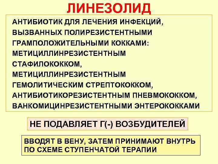 ЛИНЕЗОЛИД АНТИБИОТИК ДЛЯ ЛЕЧЕНИЯ ИНФЕКЦИЙ, ВЫЗВАННЫХ ПОЛИРЕЗИСТЕНТНЫМИ ГРАМПОЛОЖИТЕЛЬНЫМИ КОККАМИ: МЕТИЦИЛЛИНРЕЗИСТЕНТНЫМ СТАФИЛОКОККОМ, МЕТИЦИЛЛИНРЕЗИСТЕНТНЫМ ГЕМОЛИТИЧЕСКИМ СТРЕПТОКОККОМ,