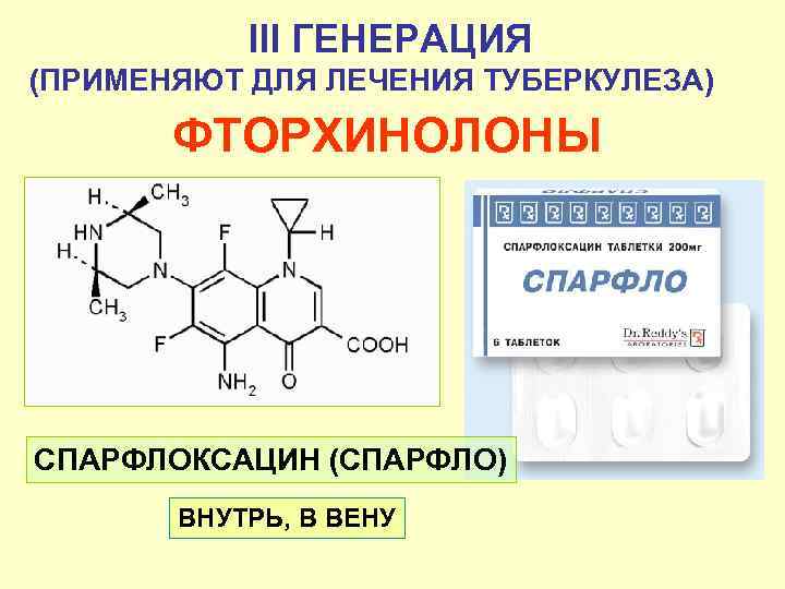 III ГЕНЕРАЦИЯ (ПРИМЕНЯЮТ ДЛЯ ЛЕЧЕНИЯ ТУБЕРКУЛЕЗА) ФТОРХИНОЛОНЫ СПАРФЛОКСАЦИН (СПАРФЛО) ВНУТРЬ, В ВЕНУ 