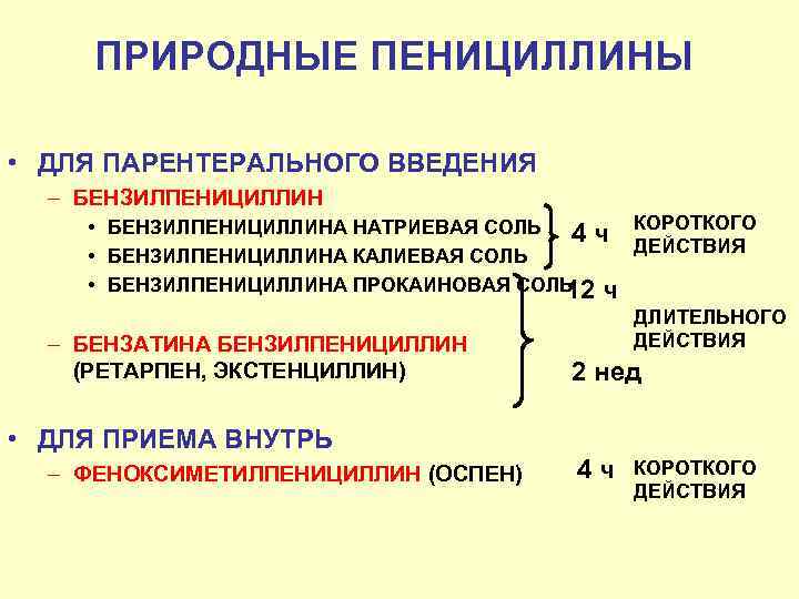 ПРИРОДНЫЕ ПЕНИЦИЛЛИНЫ • ДЛЯ ПАРЕНТЕРАЛЬНОГО ВВЕДЕНИЯ – БЕНЗИЛПЕНИЦИЛЛИН • БЕНЗИЛПЕНИЦИЛЛИНА НАТРИЕВАЯ СОЛЬ 4 ч