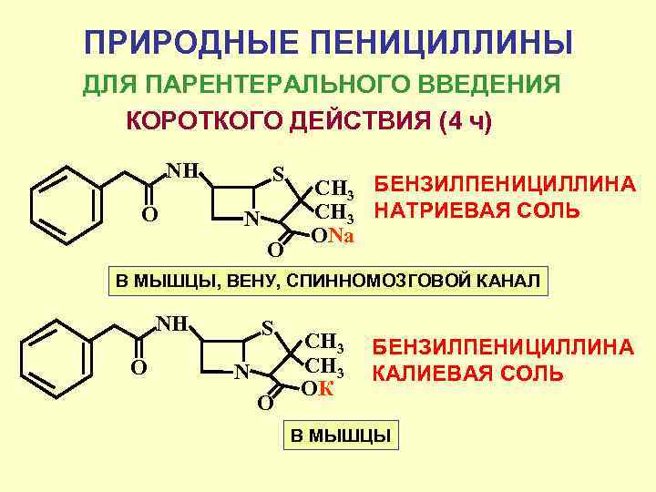 ПРИРОДНЫЕ ПЕНИЦИЛЛИНЫ ДЛЯ ПАРЕНТЕРАЛЬНОГО ВВЕДЕНИЯ КОРОТКОГО ДЕЙСТВИЯ (4 ч) NH O S N O